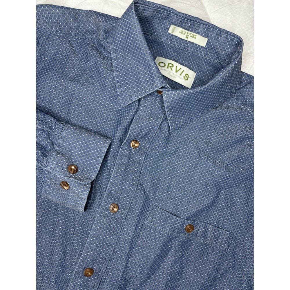 Orvis Long Sleeve Button Up Seersucker Shirt Men's‎ Medium Blue Geometric Print